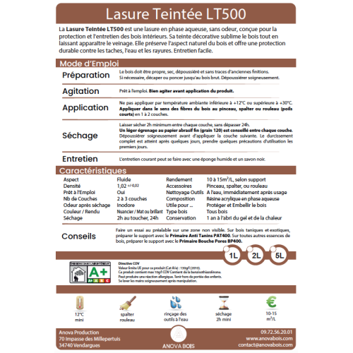 Lasure teintée Intérieurs LT500 - 18 couleurs